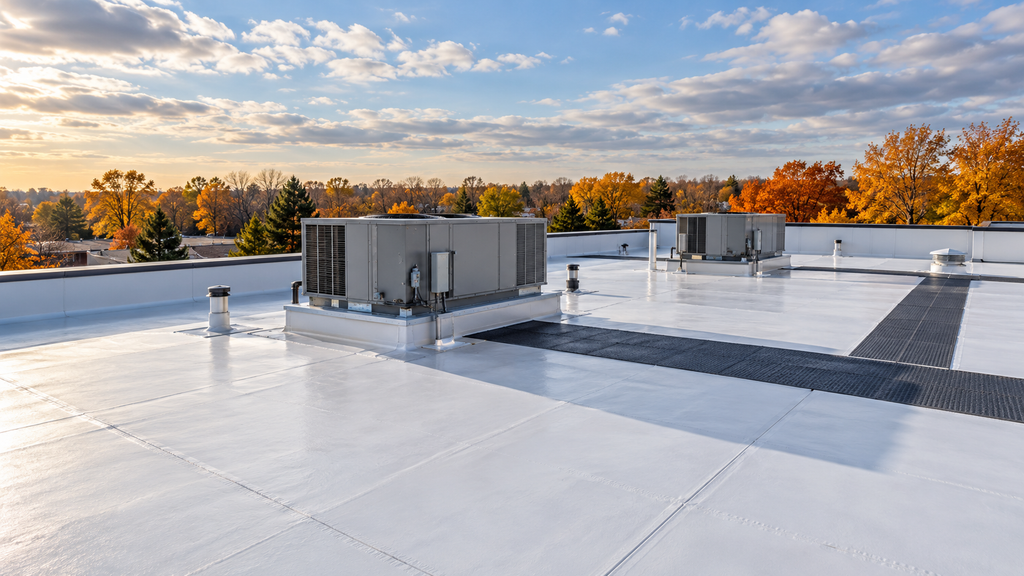 Commercial flat roof with HVAC equipment and walkway pads surrounded by autumn trees