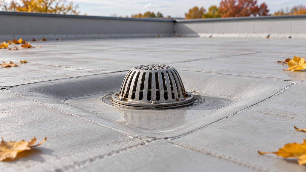 Domed commercial roof drain with a clear opening and scattered autumn leaves nearby