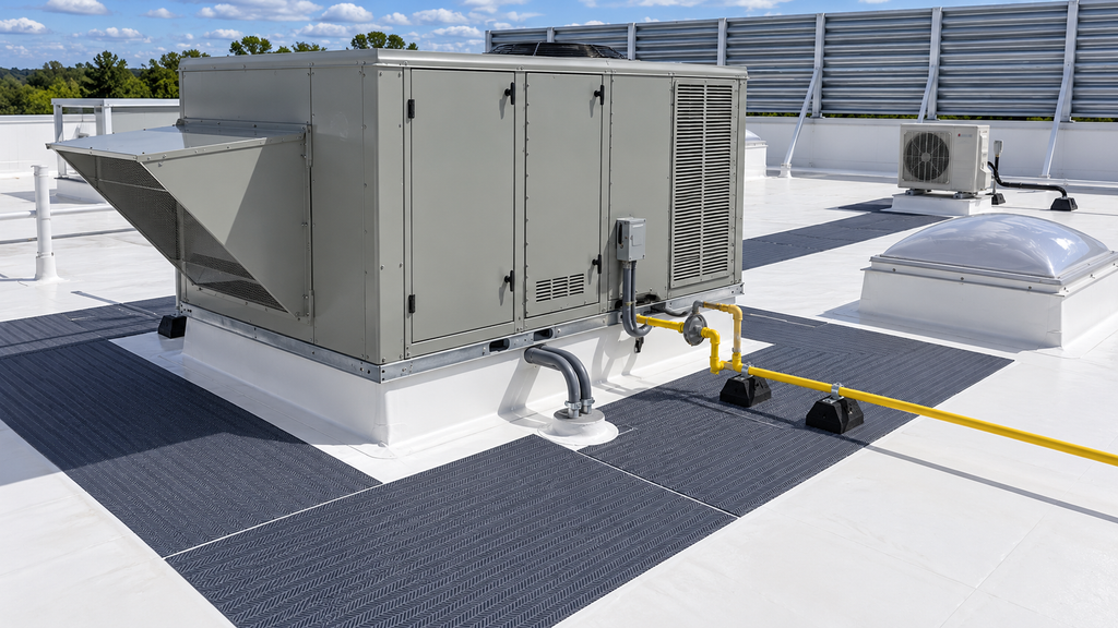 Rooftop HVAC unit on a raised curb surrounded by dark walkway pads