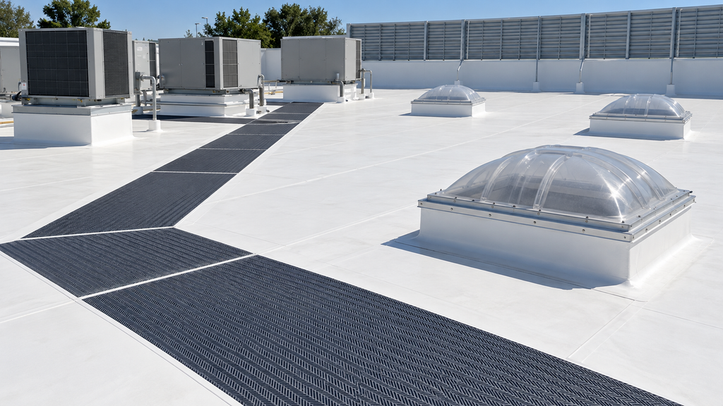 White commercial roof with dome skylights, HVAC units, and walkway pads